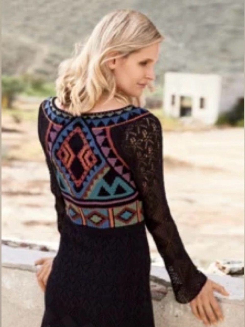 Peruvian Connection Lace Crochet Inca Long Cardigan - Black Boho - Size S